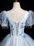 Light Blue Tulle with Lace Short Sleeves Party Dress, Light Blue Tulle Prom Dress